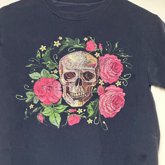Skull Floral Pattern Punk Whisms Goth Graphic T Shirt Women S Black Pink Roses - Picture 4 of 6